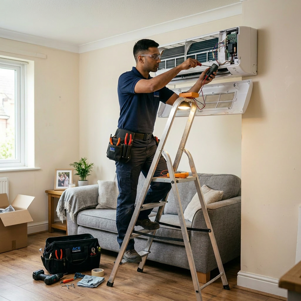 Technician on ladder testing wall-mounted air conditioner with multimeter